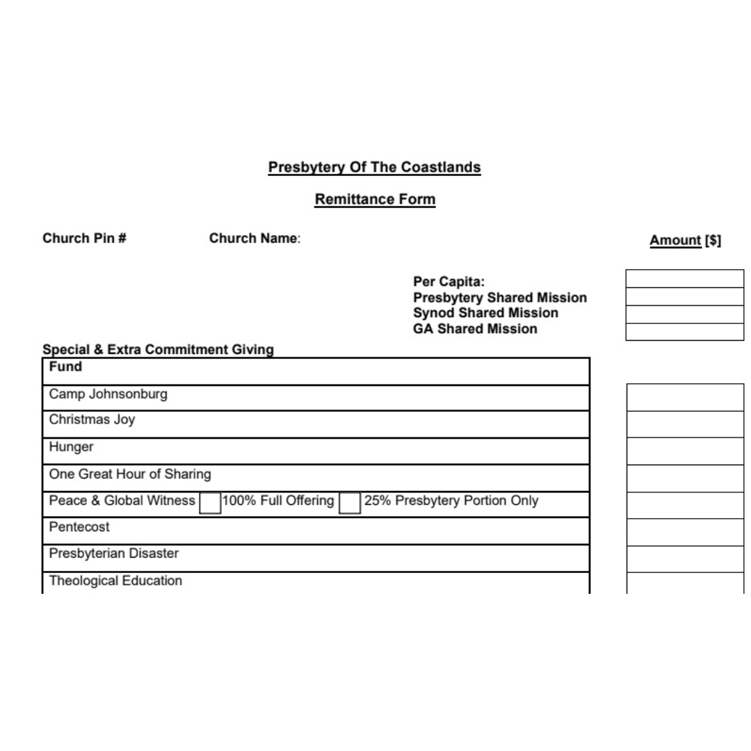 Presbytery of the Coastlands Remittance Form